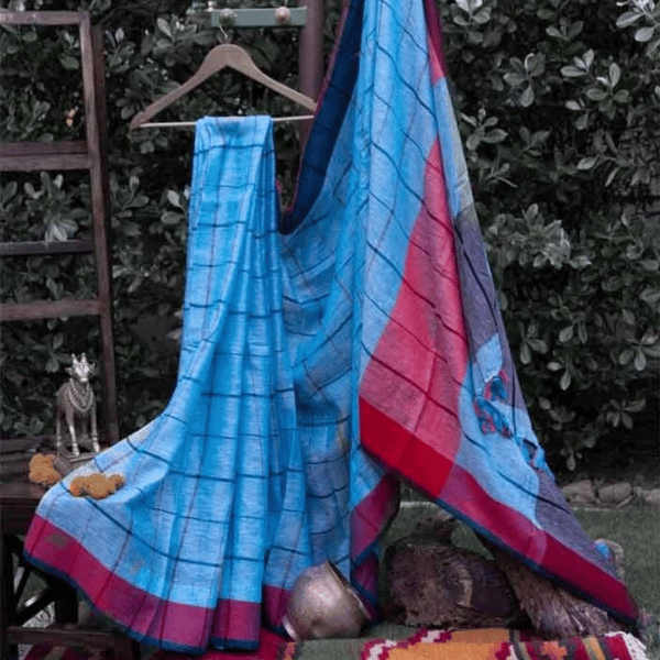 Blue and Red Stripe Saree