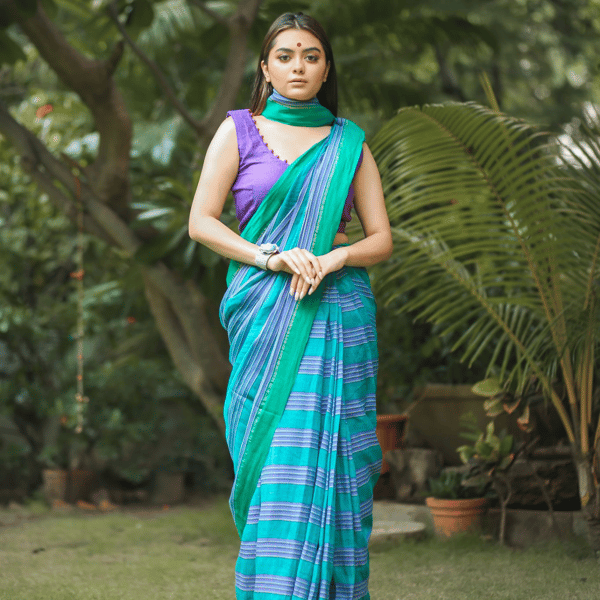 Blue and green stripe linen saree