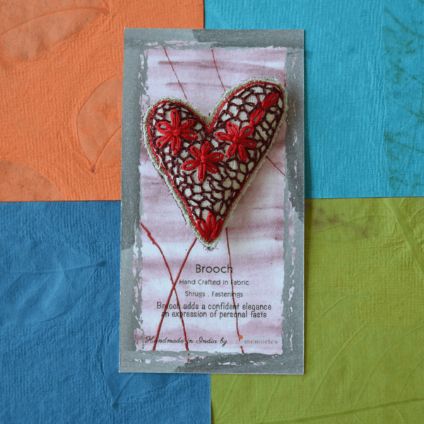 Floral Hand Embroidered Heart Brooch