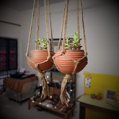 Terracotta & Jute Hanging cum Desktop Planters Round - Set of 2