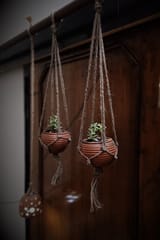 Terracotta & Jute Hanging cum Desktop Planters Round - Set of 2