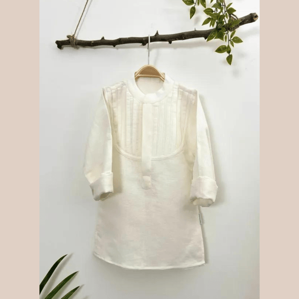 Off-white linen kurta with pleated front yoke