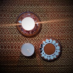 Kutch Pottery Mirror Work Tealight Holder (2 Diyas)