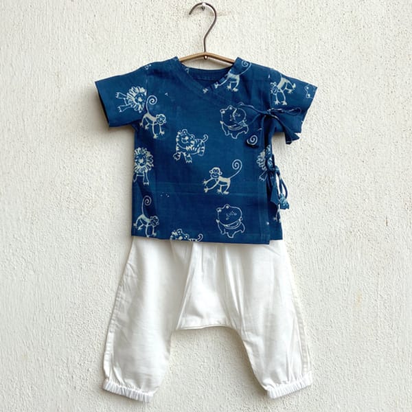 Zoo Print Indigo Angrakha + White Pants