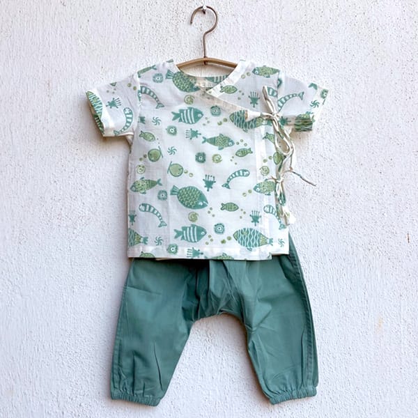 Fish Print Angrakha + Mint Pants