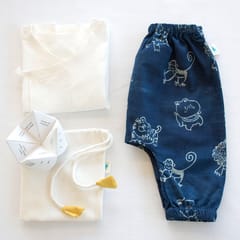 White Angrakha  + Zoo Print Indigo Pants
