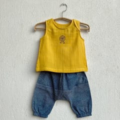 Yellow Jhabla + Indigo Check Pants