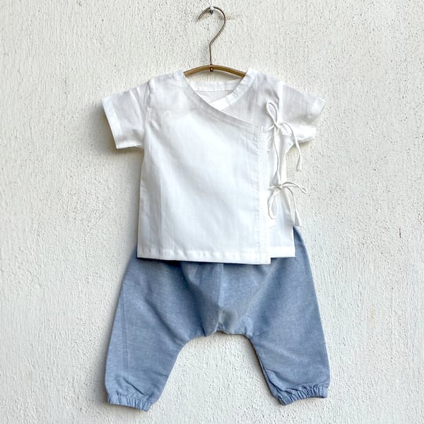 Essential White Angrakha + Blue Chambray Pants