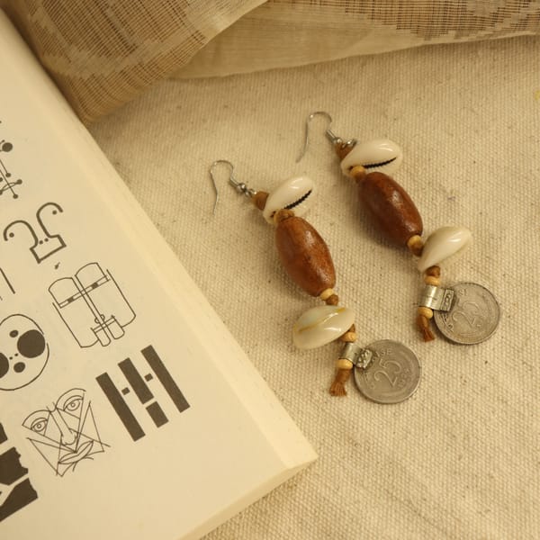 Tribal Shell Wood & Repurposed Coin Earrings