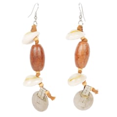 Tribal Shell Wood & Repurposed Coin Earrings