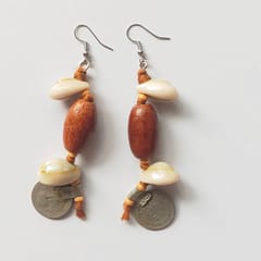 Tribal Shell Wood & Repurposed Coin Earrings