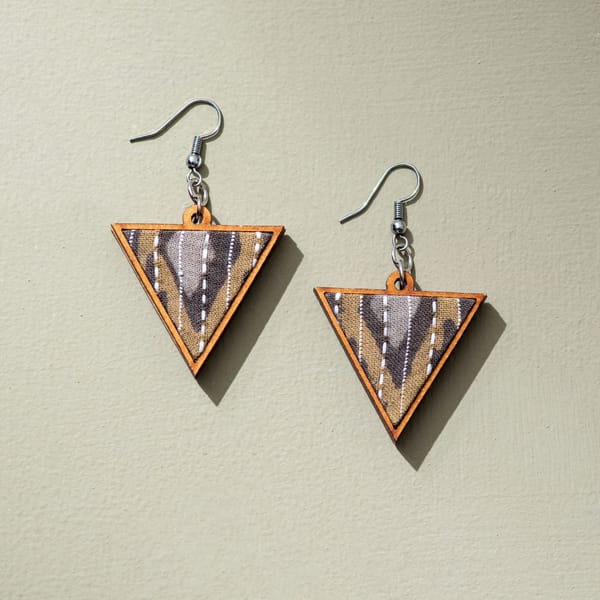 Brown Upcycled Fabric and Repurposed Wood Triangular Earrings