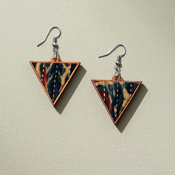 Green Upcycled Fabric and Repurposed Wood Triangular Earrings