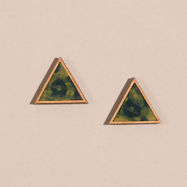 Green Batik Triangular Studs made of Repurposed Fabric and Wood