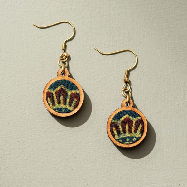 Sun Green Ajrakh Fabric and Repurposed Wood Earrings