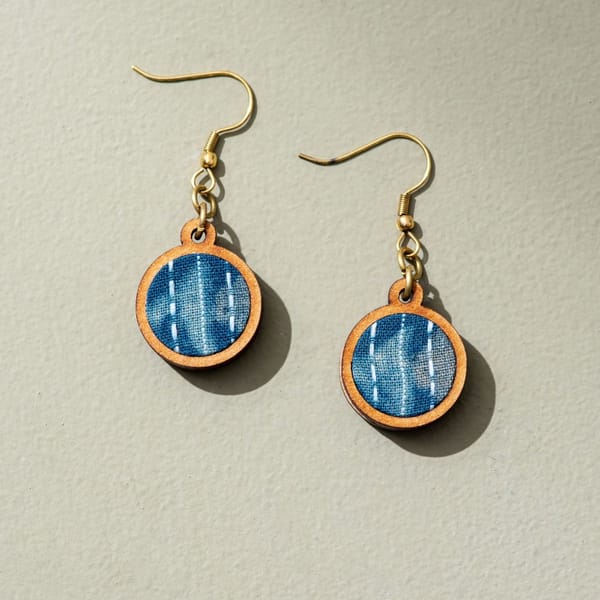 Blue Kantha Batik Fabric and Repurposed Wood Earrings