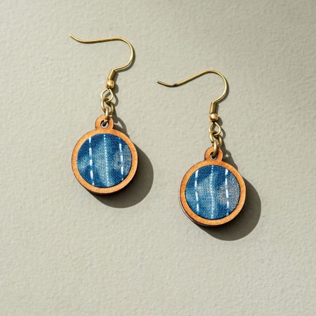 Blue Kantha Batik Fabric and Repurposed Wood Earrings