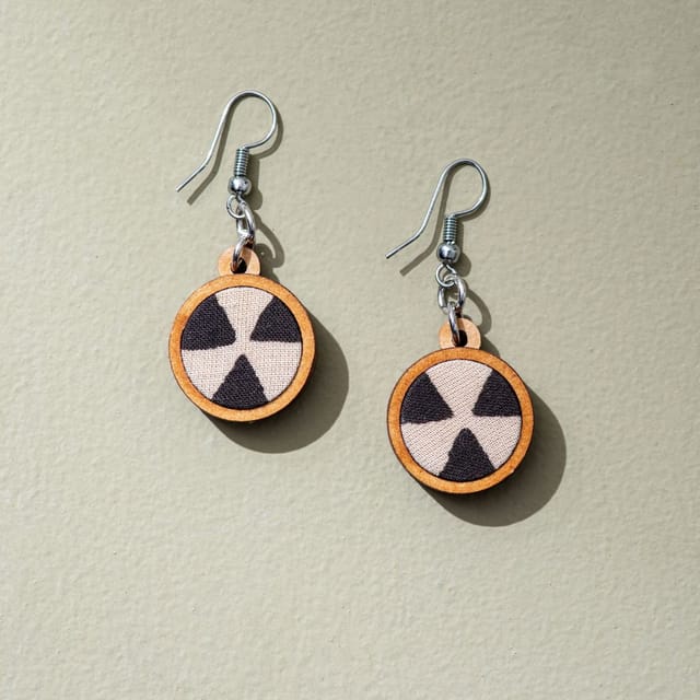 Black and Beige Fabric and Repurposed Wood Earrings