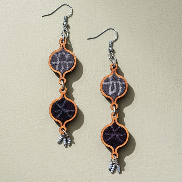 Grey Tribal motif Repurposed Fabric and Wood Earrings
