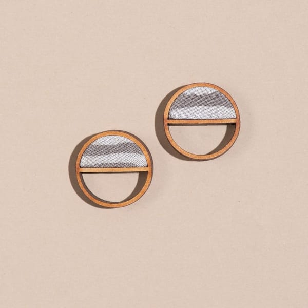 Grey Line Repurposed Fabric and Wood Semi Circle Stud Earrings