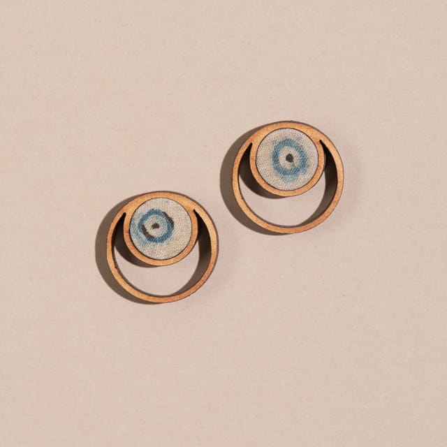 Blue Beige Ajrakh Fabric and Repurposed Wood Stud Earrings