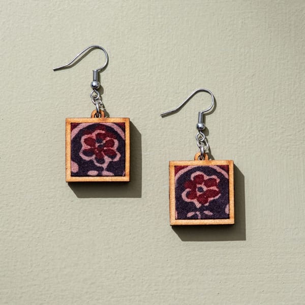 Black Upcycled Ajrakh Fabric and Repurposed Wood Earrings