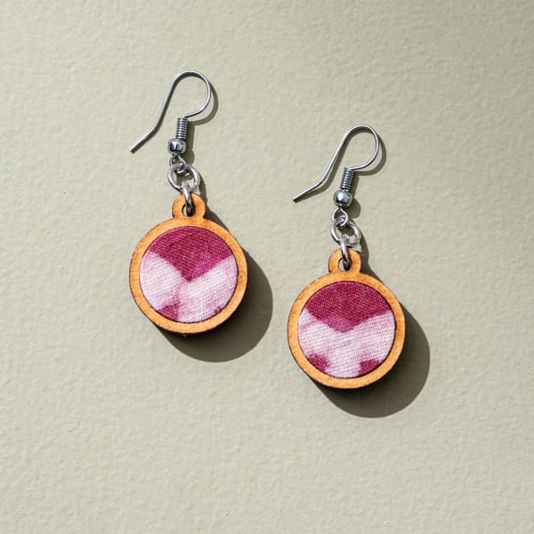 Pink Fabric and Repurposed Wood Earrings