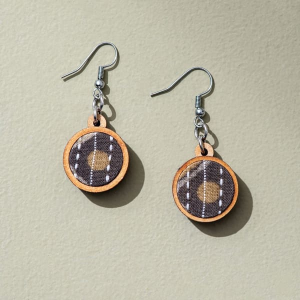 Brown Fabric and Repurposed Wood Earrings