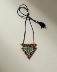 Green Upcycled Fabric and Repurposed Wood Triangular Necklace