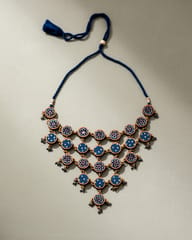 Blue Ajrakh Upcycled Fabric and Repurposed Wood Adjustable Statement Necklace