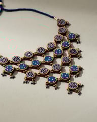 Blue Ajrakh Upcycled Fabric and Repurposed Wood Adjustable Statement Necklace