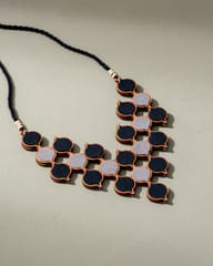 Shades of Black Repurposed Fabric and Wood Statement Necklace with Adjustable Length