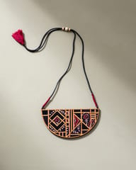 Black Upcycled Ajrakh Fabric and Repurposed Wood Maze Necklace