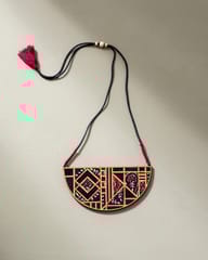 Black Upcycled Ajrakh Fabric and Repurposed Wood Maze Necklace