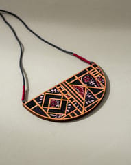 Black Upcycled Ajrakh Fabric and Repurposed Wood Maze Necklace
