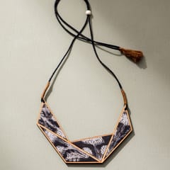 Black and Beige Kalamkari Repurposed Fabric and Wood Connecting Triangle Adjustable Necklace