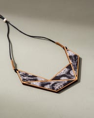 Black and Beige Kalamkari Repurposed Fabric and Wood Connecting Triangle Adjustable Necklace