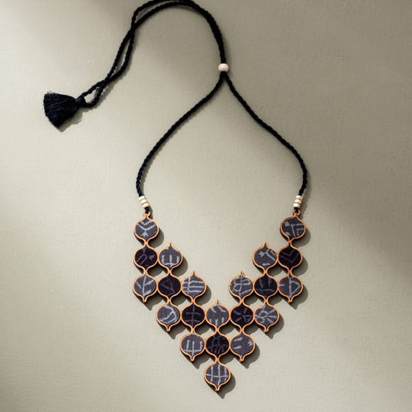 Grey Tribal motif Repurposed Fabric and Wood Statement Necklace with Adjustable Length