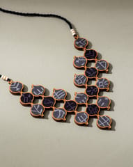 Grey Tribal motif Repurposed Fabric and Wood Statement Necklace with Adjustable Length