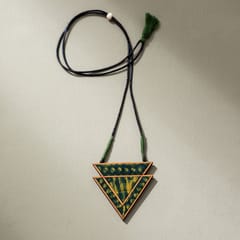 Green Batik Triangular Adjustable Pendant made of Repurposed Fabric and Wood