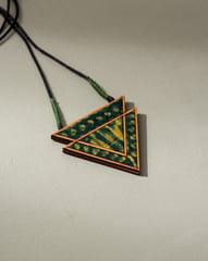 Green Batik Triangular Adjustable Pendant made of Repurposed Fabric and Wood