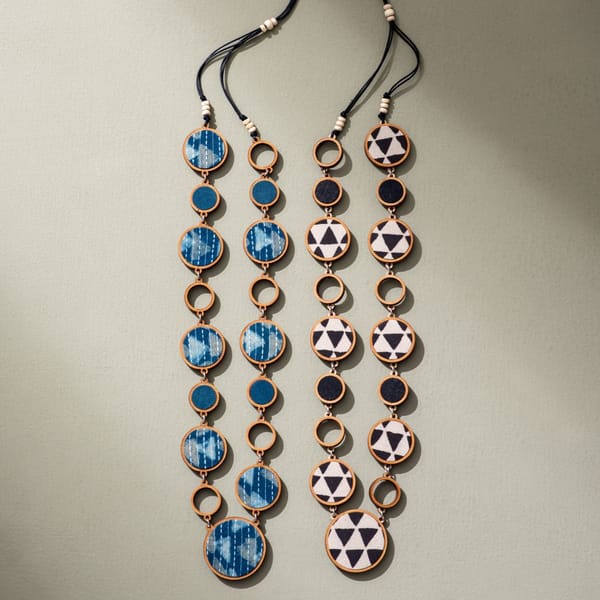 Reversible 2-In-1 Blue Black Repurposed Fabric and Wood Necklace