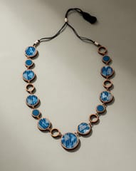 Reversible 2-In-1 Blue Black Repurposed Fabric and Wood Necklace