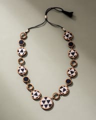Reversible 2-In-1 Blue Black Repurposed Fabric and Wood Necklace