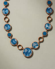 Reversible 2-In-1 Blue Black Repurposed Fabric and Wood Necklace