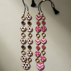 Reversible 2-In-1 Pink Black Repurposed Fabric and Wood Necklace