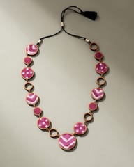 Reversible 2-In-1 Pink Black Repurposed Fabric and Wood Necklace