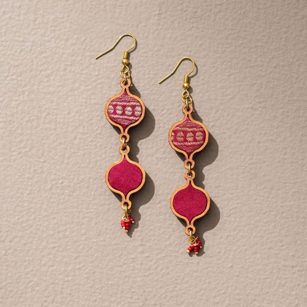 Red and Gold Festive Multi Layered Upcycled Fabric & Repurposed Wood Earrings