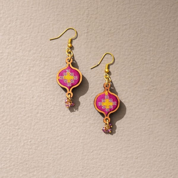 Pink Festive Upcycled Fabric & Repurposed Wood Earrings