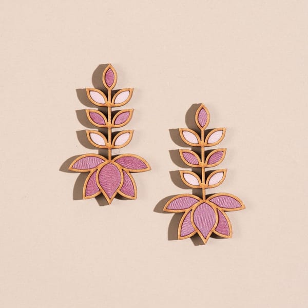 Light Pink Festive Leaf Motif Upcycled Fabric & Repurposed Wood Earrings